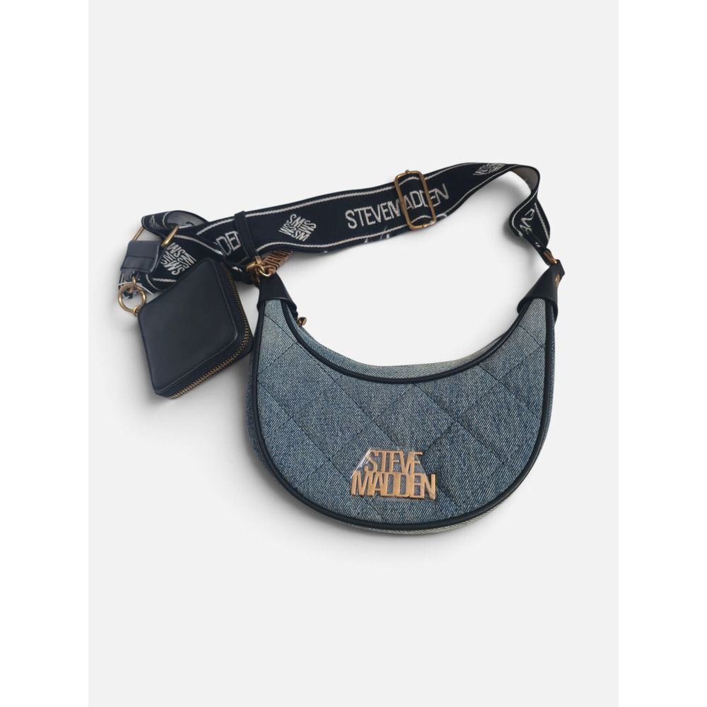 Steve Madden Blue Quilted Denim Crescent Shoulder Bag With Coin Purse Logo Strap